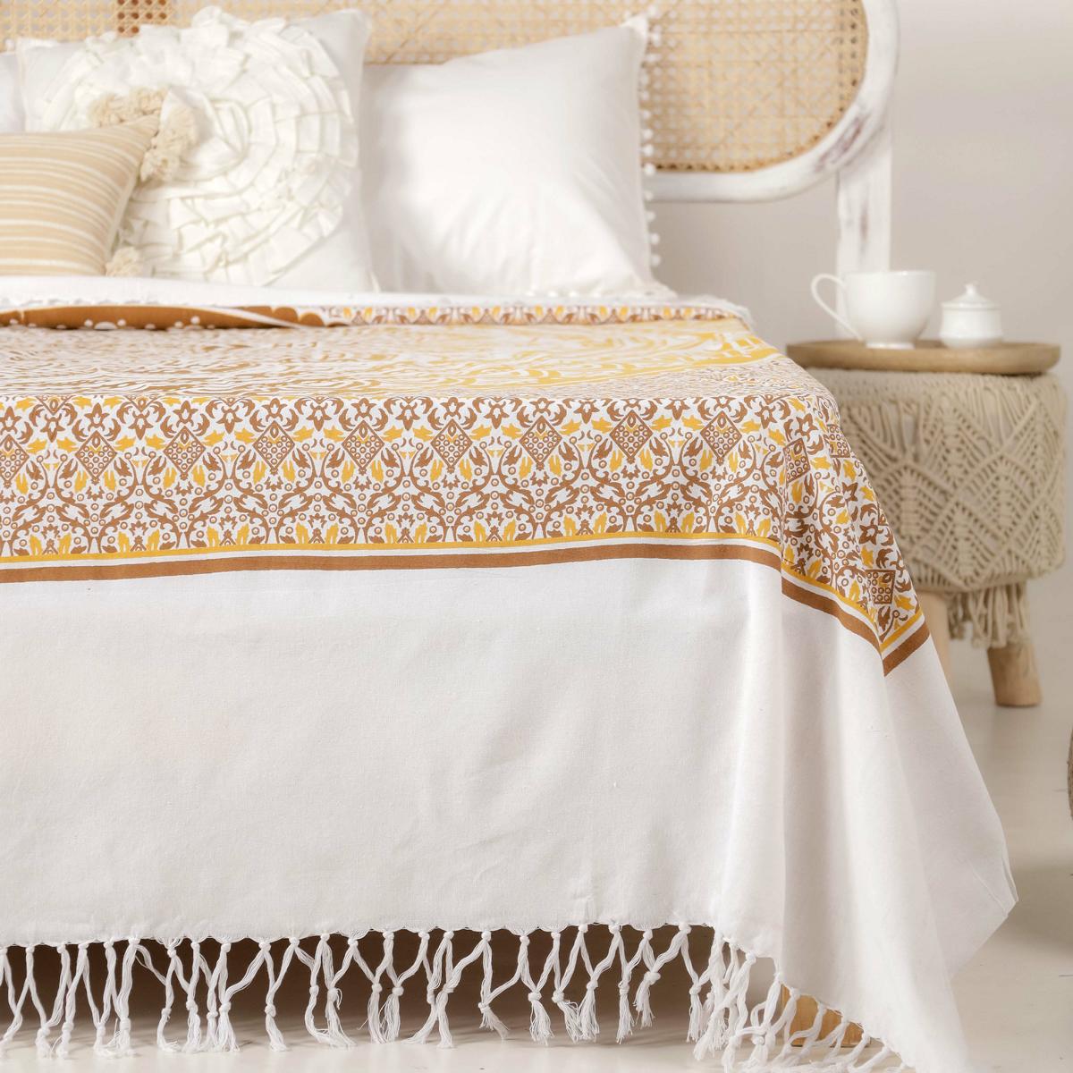 Tagesdecke Bettüberwurf 2x2m Mandala ocker braun 100% Baumwolle, indisches Muster orientalischer Design