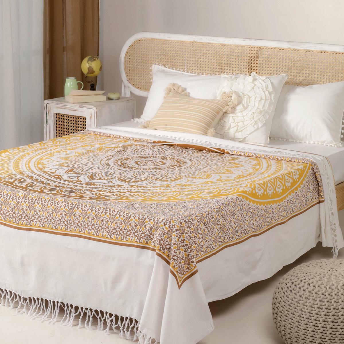 Tagesdecke Bettüberwurf 2x2m Mandala ocker braun 100% Baumwolle, indisches Muster orientalischer Design