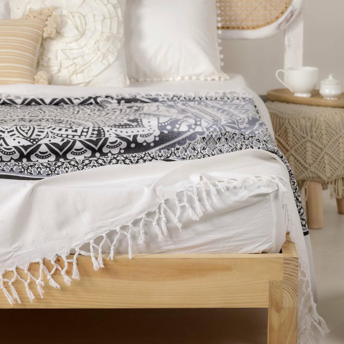 Tagesdecke Bettüberwurf 2x2m Mandala schwarz grau 100% Baumwolle, indisches Muster orientalisches Design