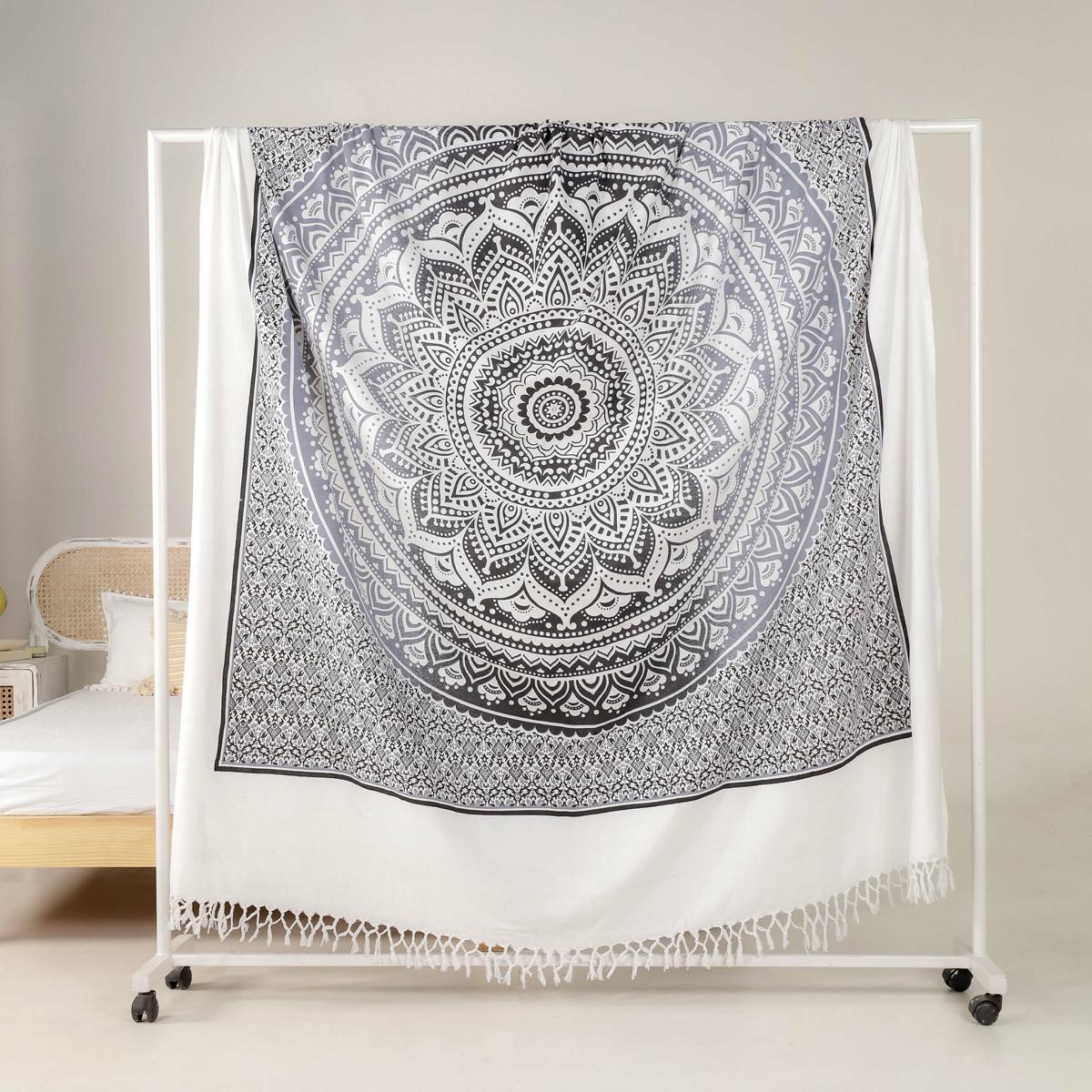 Tagesdecke Bettüberwurf 2x2m Mandala schwarz grau 100% Baumwolle, indisches Muster orientalisches Design