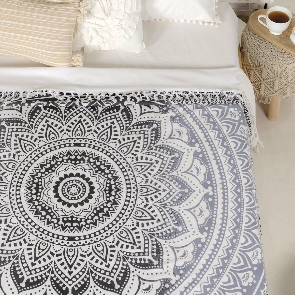 Tagesdecke Bettüberwurf 2x2m Mandala schwarz grau 100% Baumwolle, indisches Muster orientalisches Design