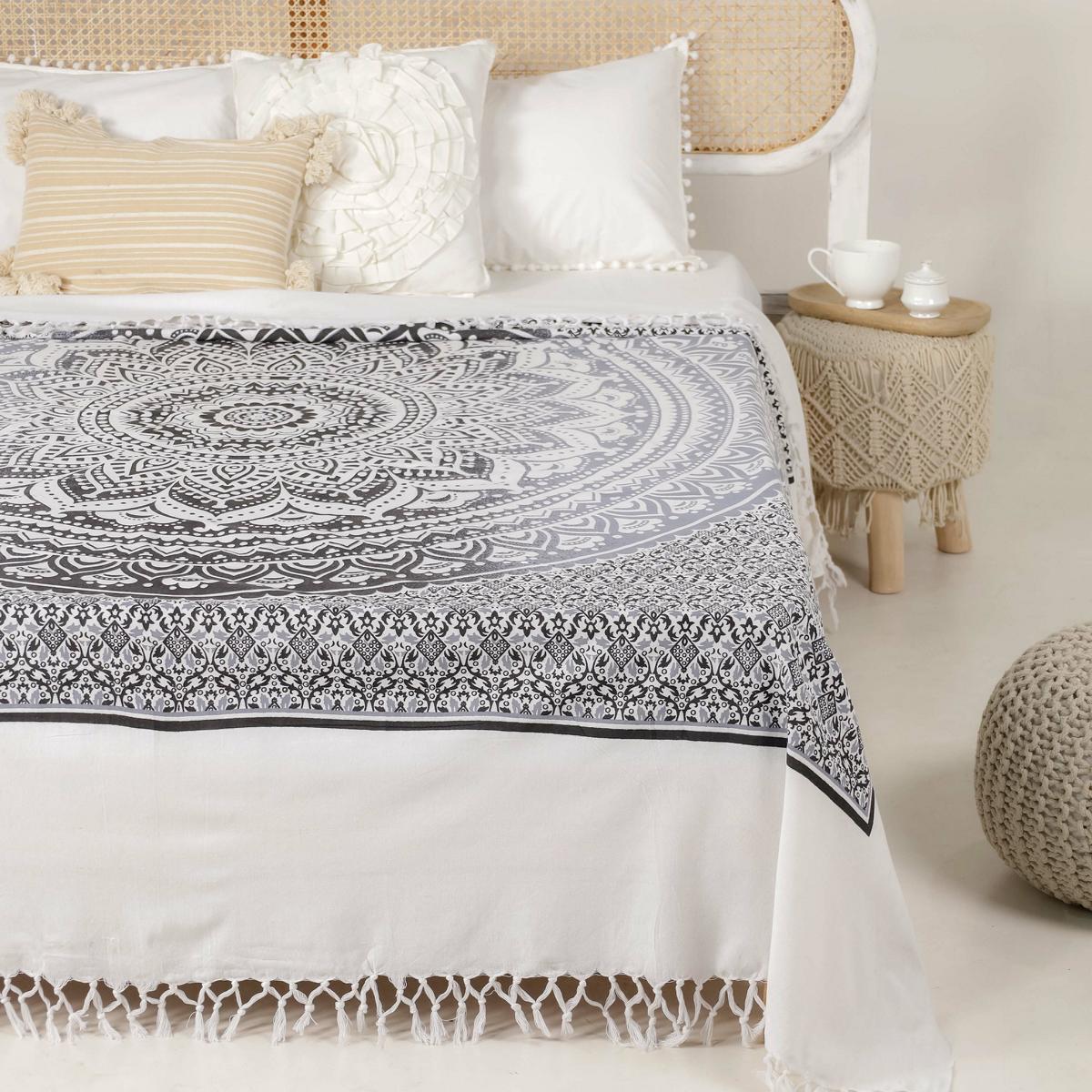 Tagesdecke Bettüberwurf 2x2m Mandala schwarz grau 100% Baumwolle, indisches Muster orientalisches Design