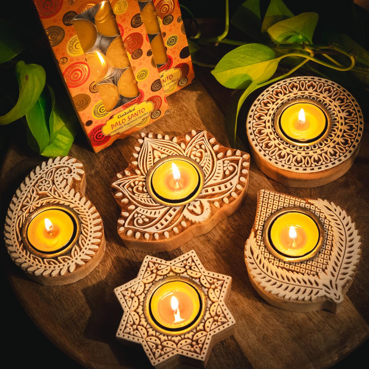 5er Set Teelichthalter Blockdruck Stempel aus Holz