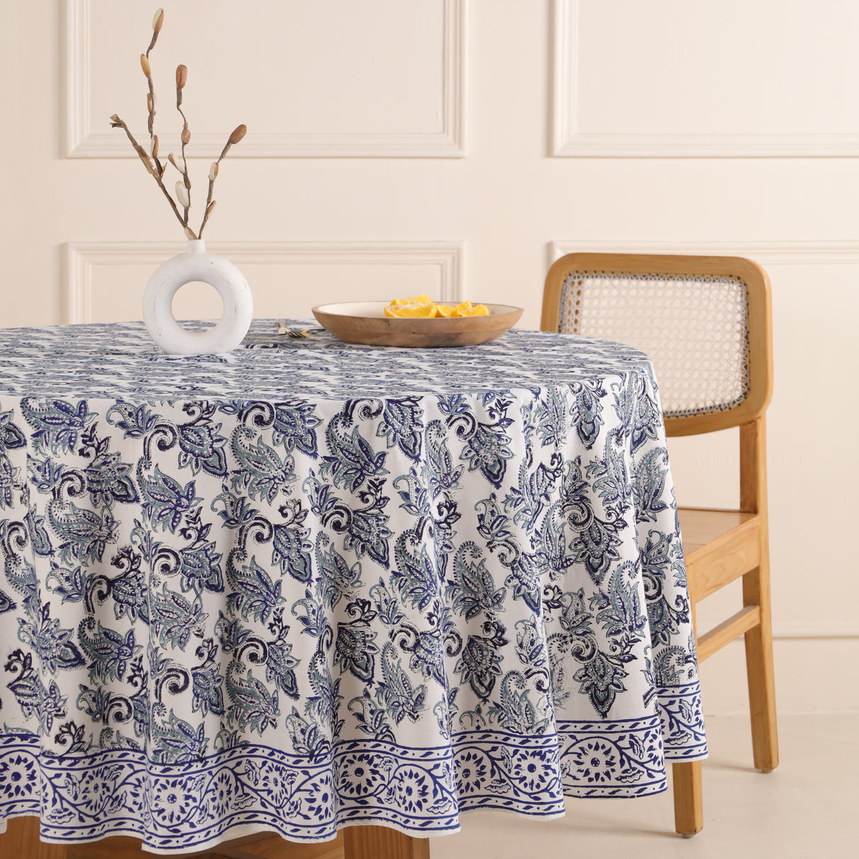 Runde Tischdecke Blockdruck Blume Blau