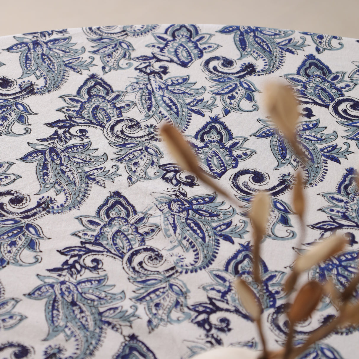 Runde Tischdecke Blockdruck Blume Blau