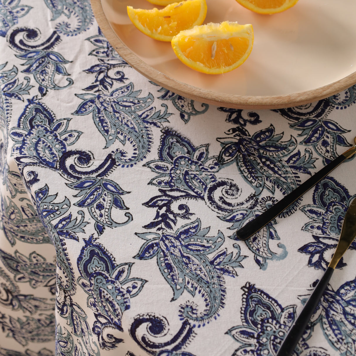 Runde Tischdecke Blockdruck Blume Blau
