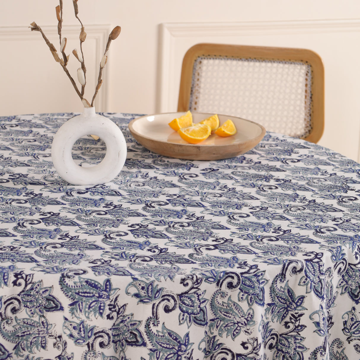 Runde Tischdecke Blockdruck Blume Blau