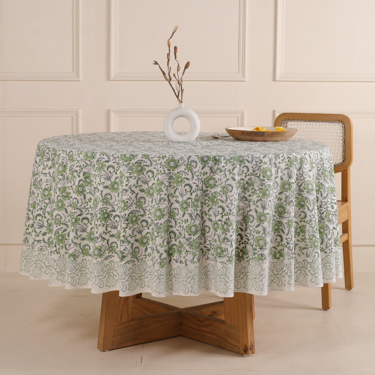 Runde Tischdecke Blockdruck Blume Grün