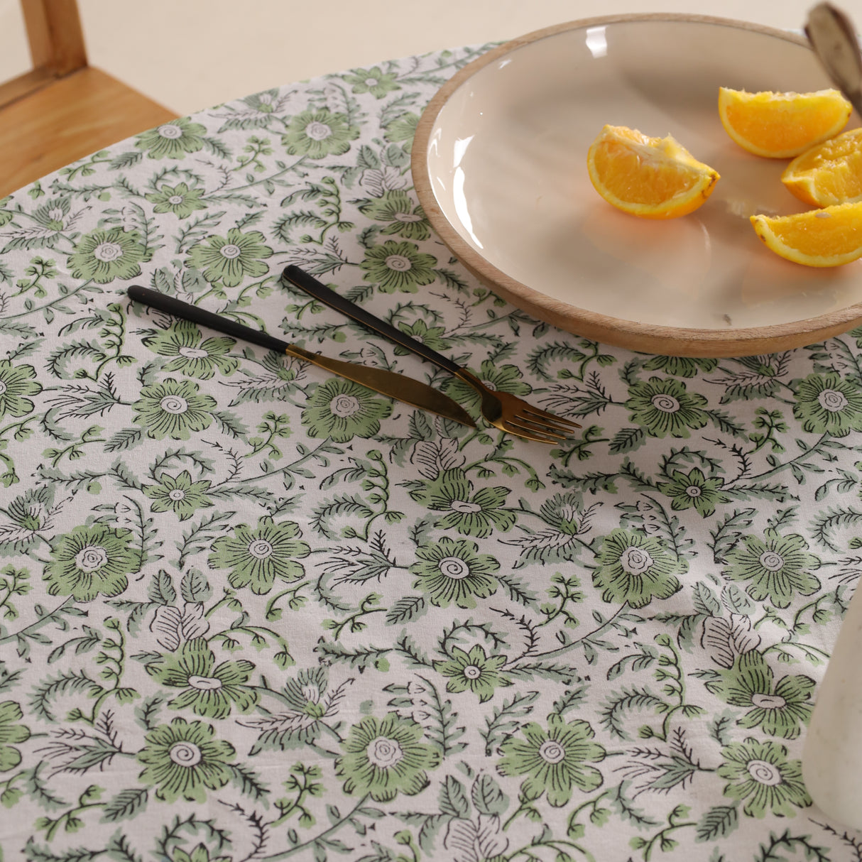 Runde Tischdecke Blockdruck Blume Grün