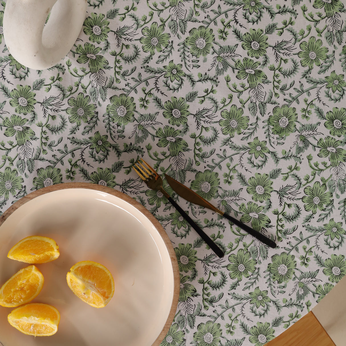 Runde Tischdecke Blockdruck Blume Grün