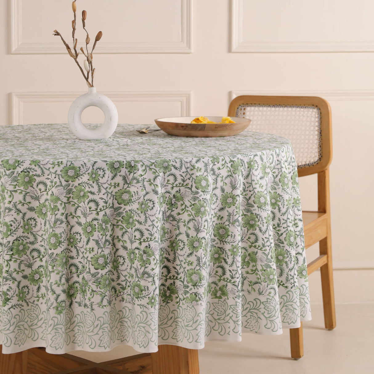 Runde Tischdecke Blockdruck Blume Grün