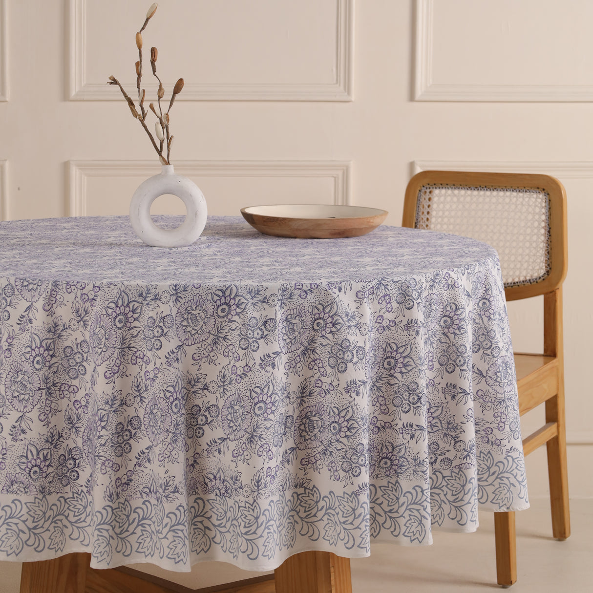 Runde Tischdecke Blockdruck Blume Weiß Blau