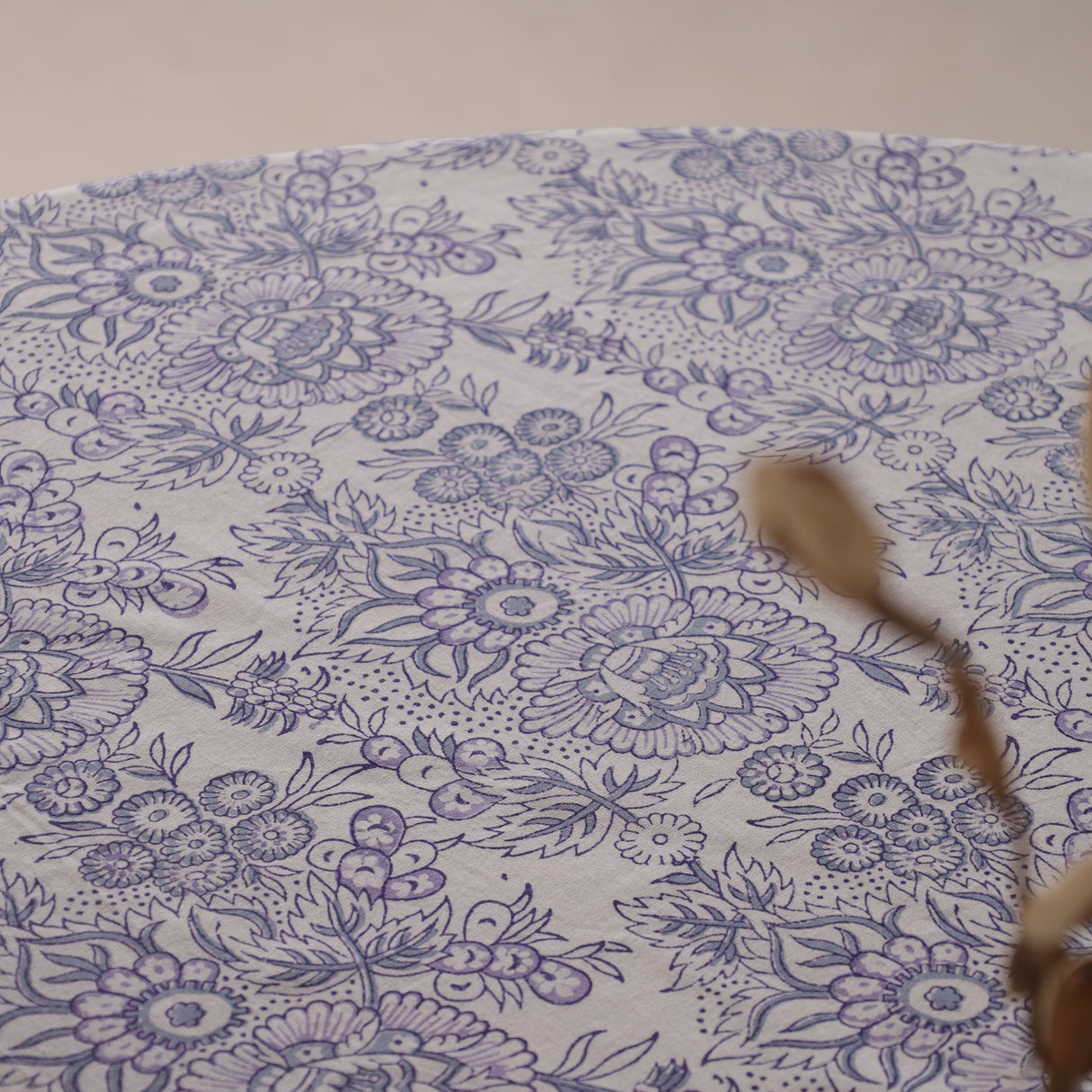 Runde Tischdecke Blockdruck Blume Weiß Blau