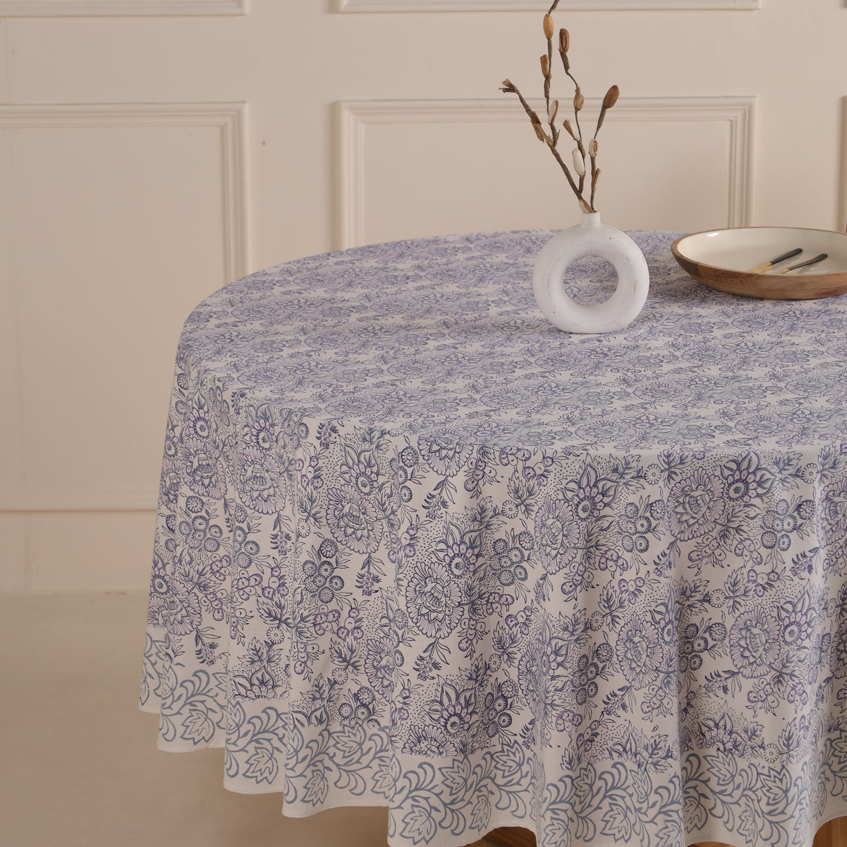 Runde Tischdecke Blockdruck Blume Weiß Blau