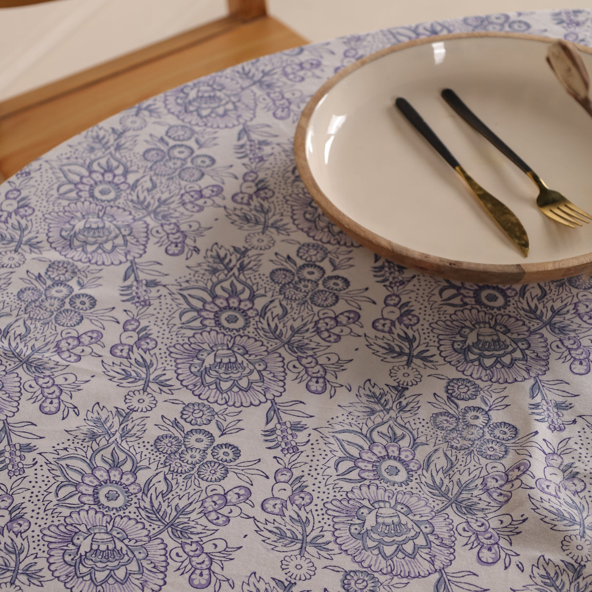 Runde Tischdecke Blockdruck Blume Weiß Blau
