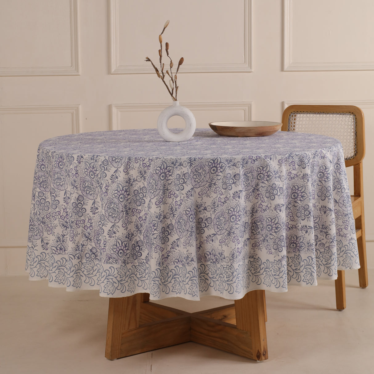 Runde Tischdecke Blockdruck Blume Weiß Blau