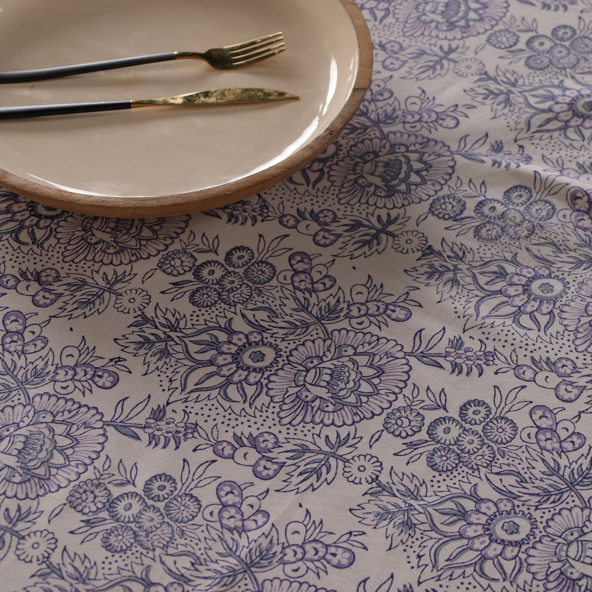 Runde Tischdecke Blockdruck Blume Weiß Blau