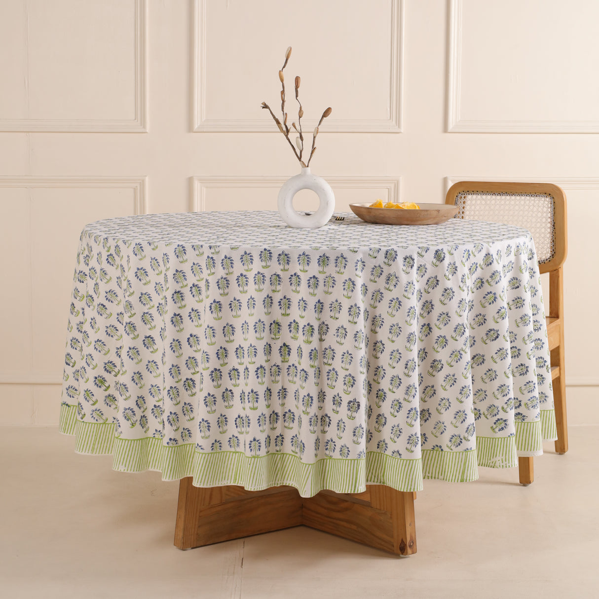 Runde Tischdecke Blockdruck Blume Weiß Grün Blau