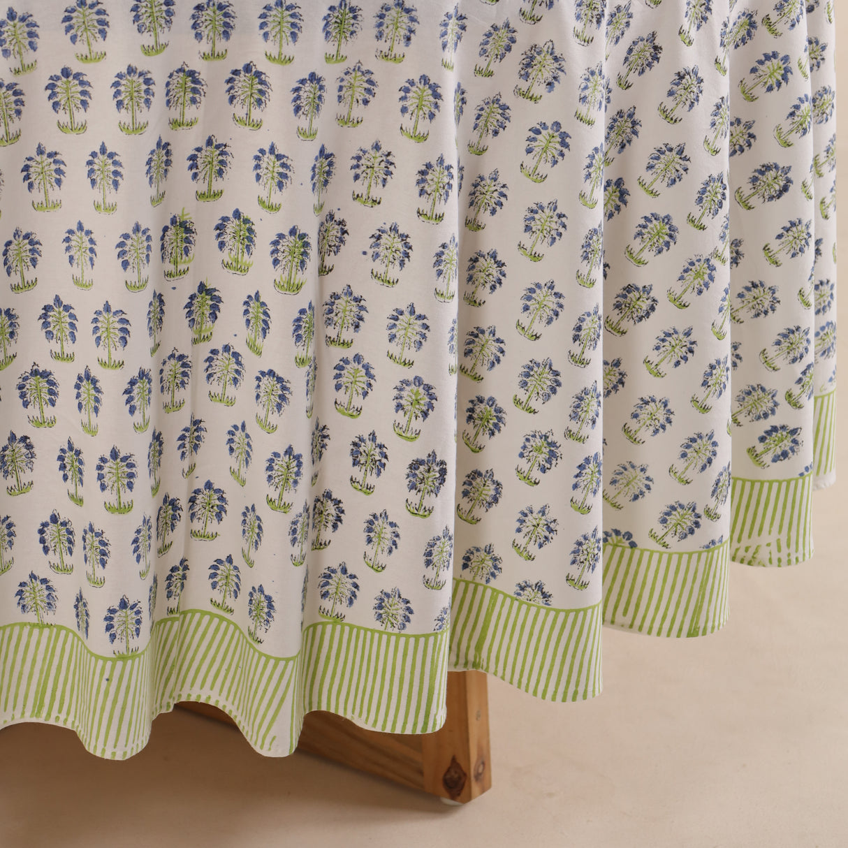 Runde Tischdecke Blockdruck Blume Weiß Grün Blau