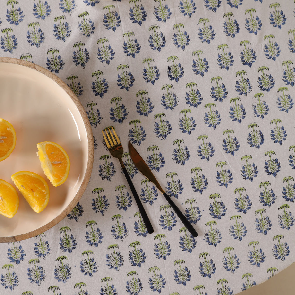 Runde Tischdecke Blockdruck Blume Weiß Grün Blau