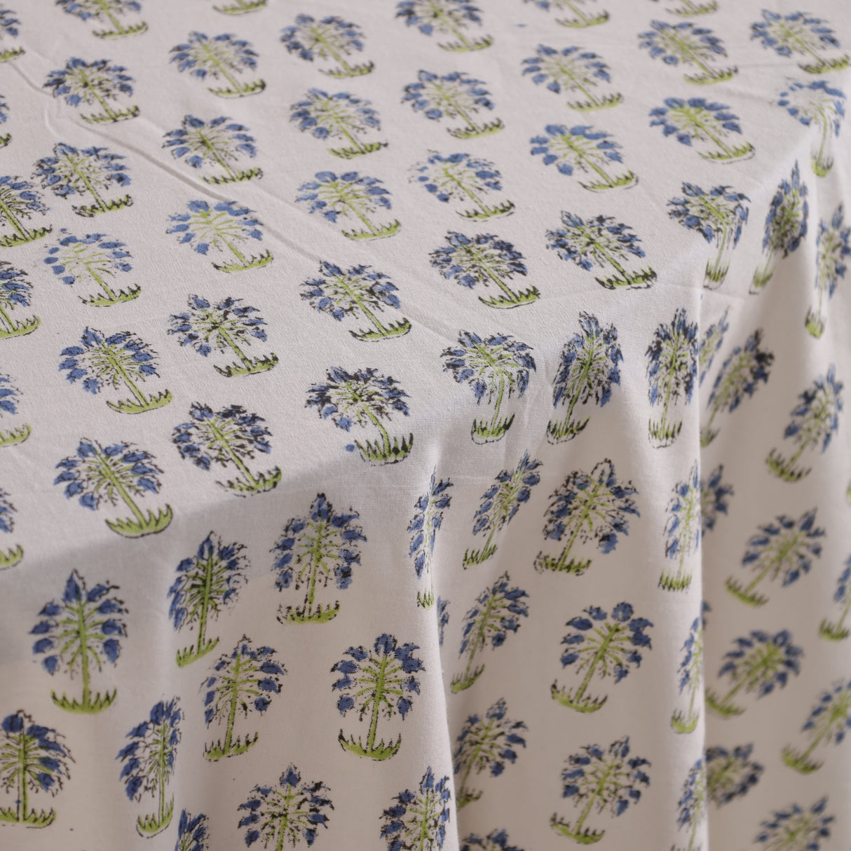 Runde Tischdecke Blockdruck Blume Weiß Grün Blau