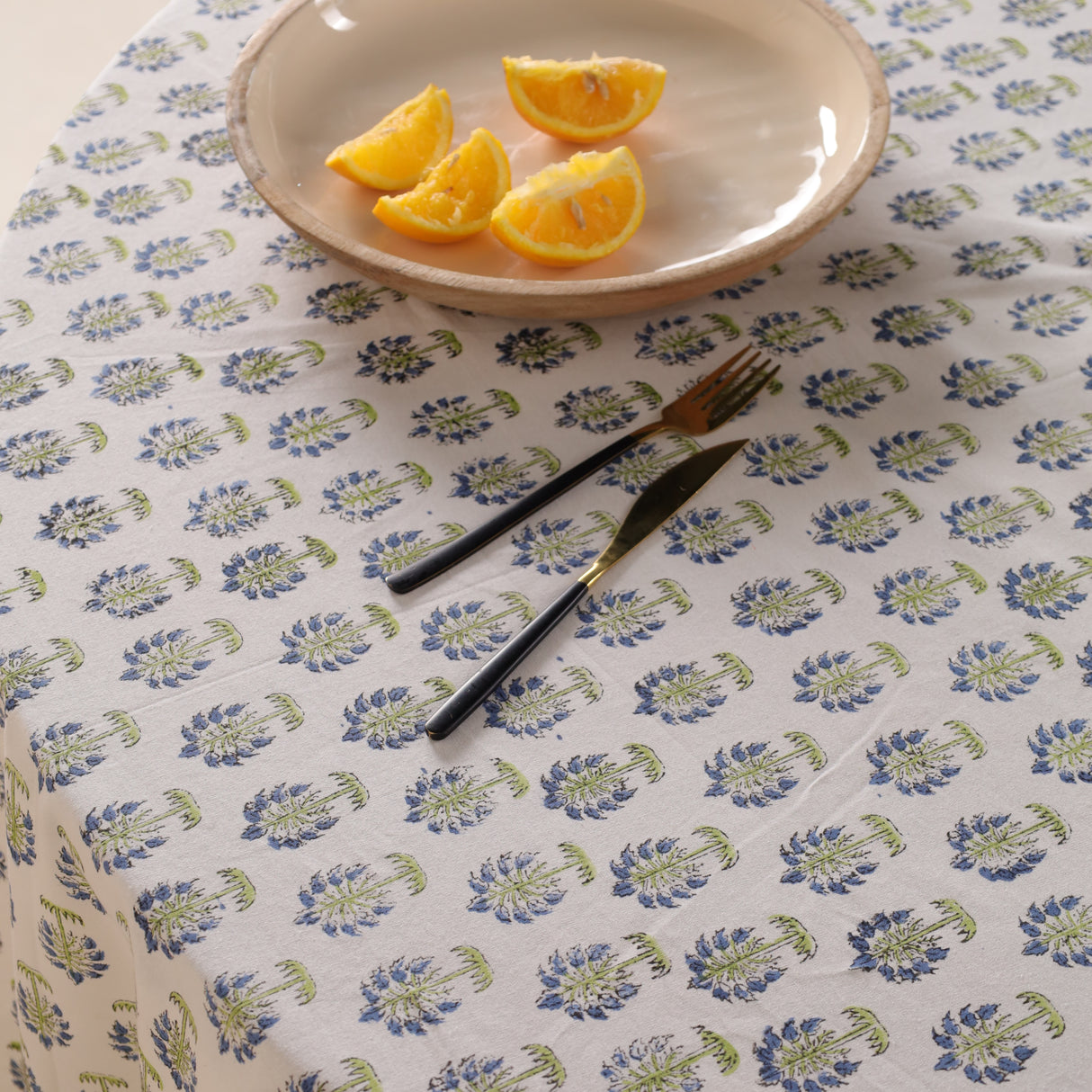 Runde Tischdecke Blockdruck Blume Weiß Grün Blau