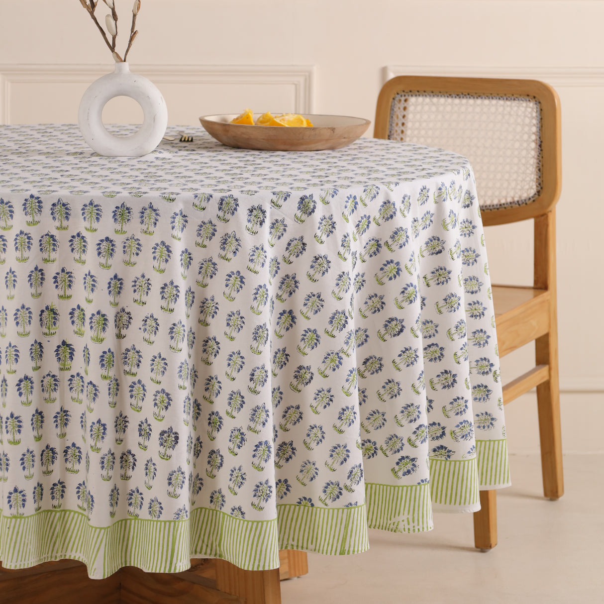 Runde Tischdecke Blockdruck Blume Weiß Grün Blau