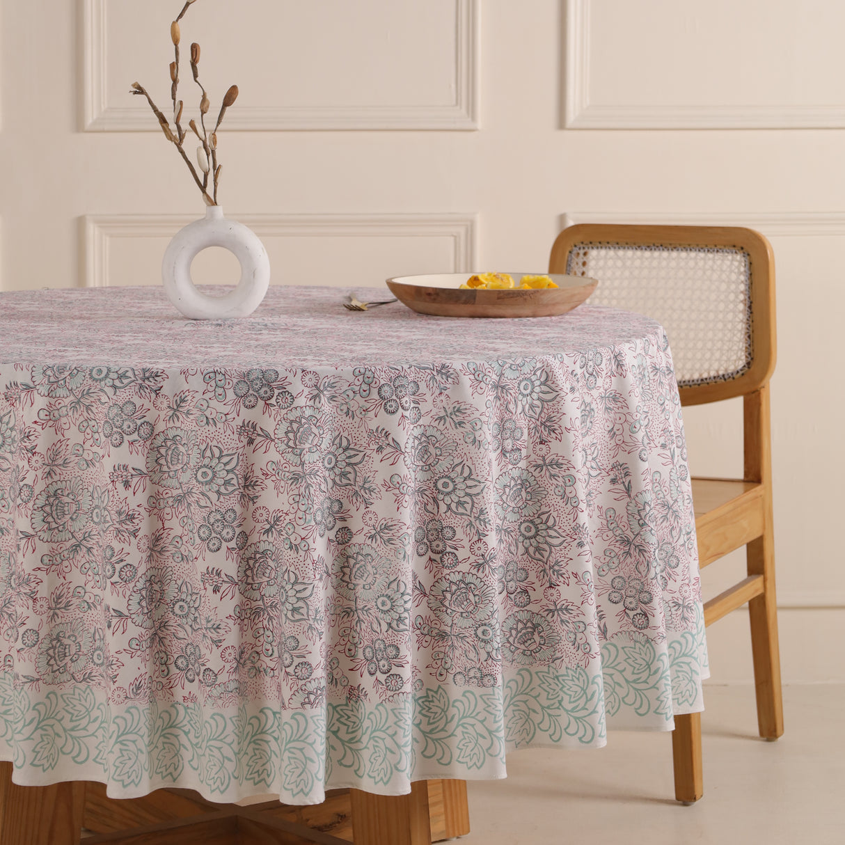 Runde Tischdecke Blockdruck Blume Weiß Rot Türkis