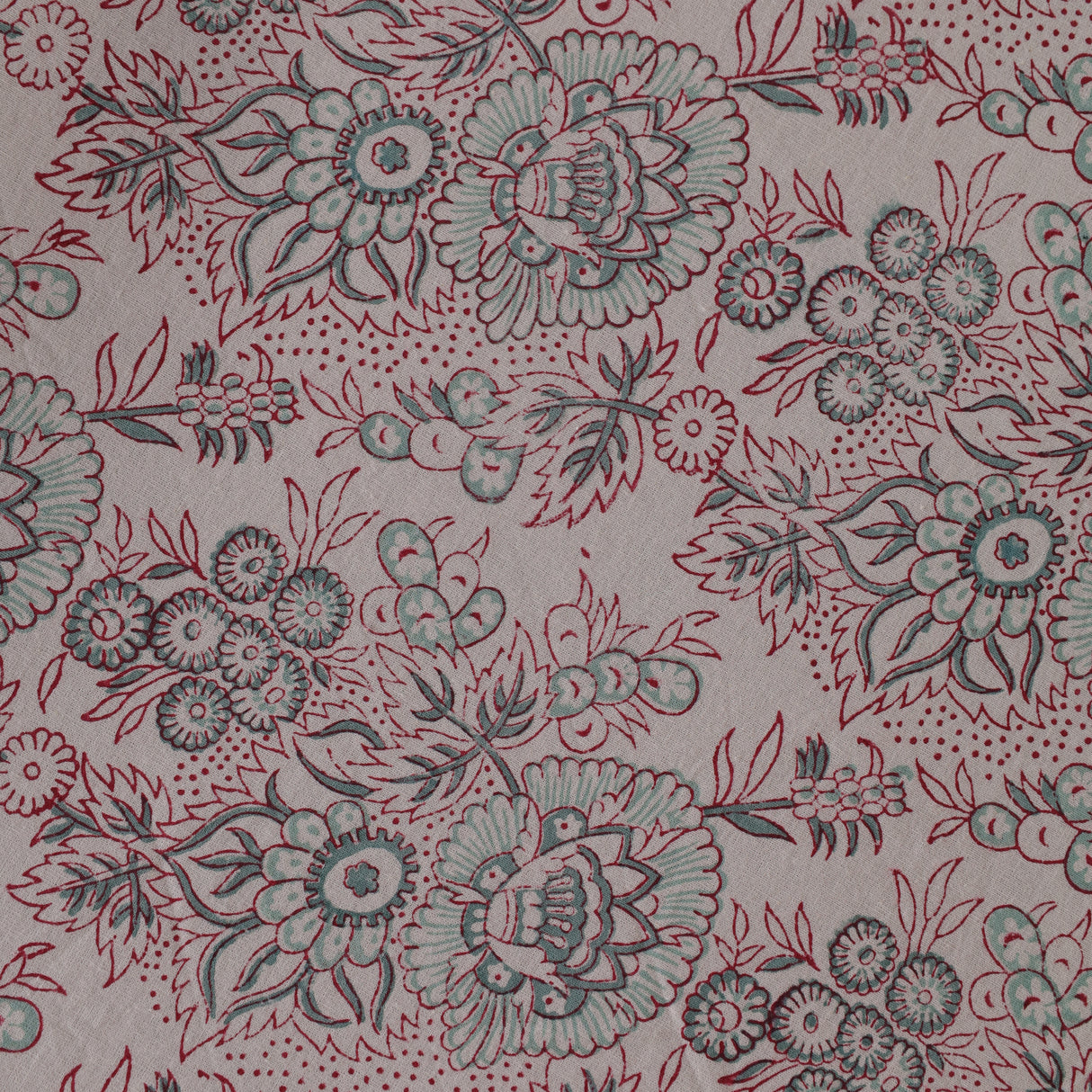 Runde Tischdecke Blockdruck Blume Weiß Rot Türkis