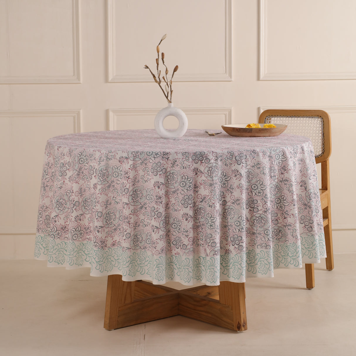 Runde Tischdecke Blockdruck Blume Weiß Rot Türkis