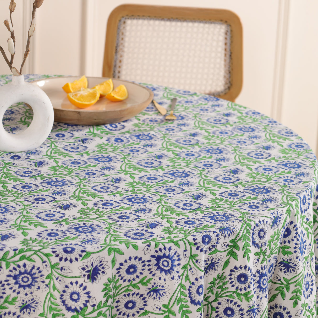 Runde Tischdecke Blockdruck Ranke Blau Grün