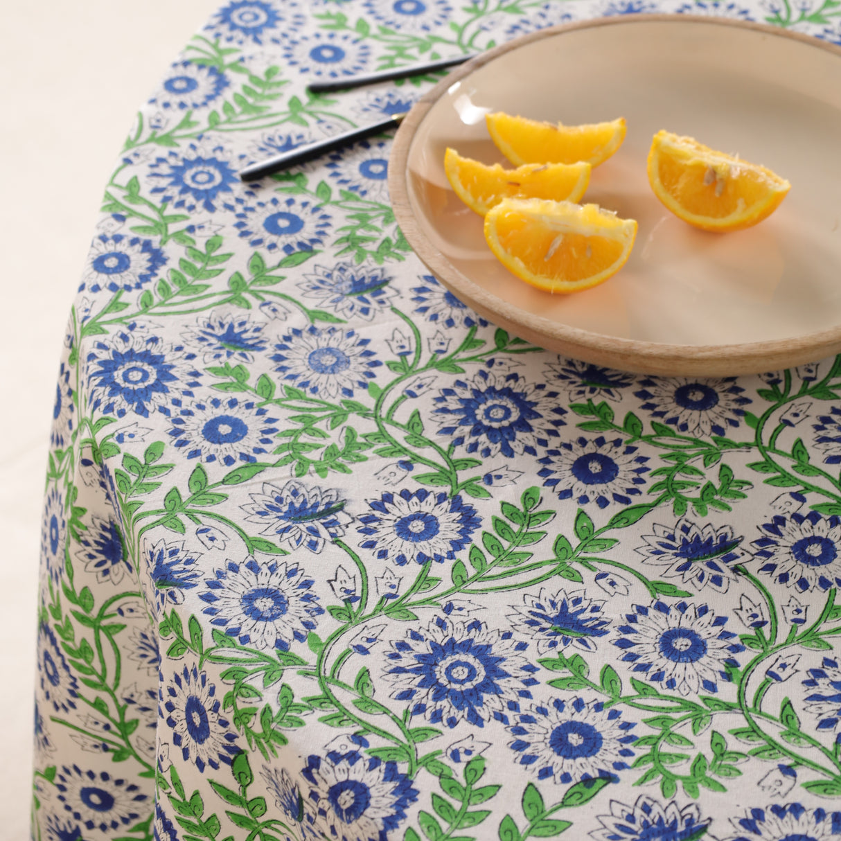Runde Tischdecke Blockdruck Ranke Blau Grün