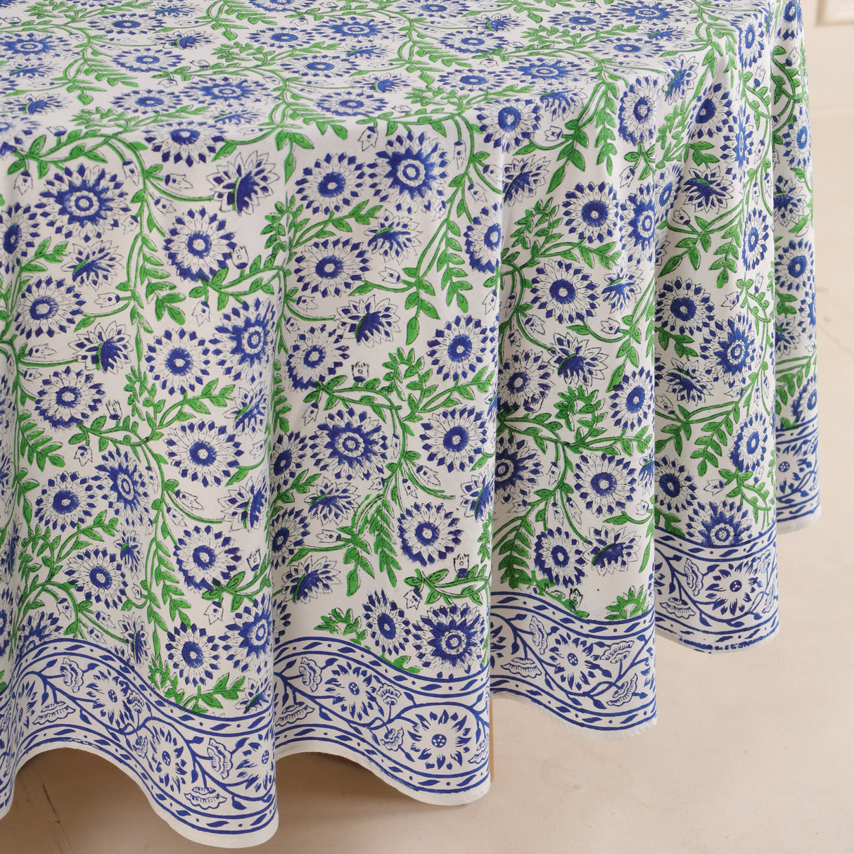 Runde Tischdecke Blockdruck Ranke Blau Grün