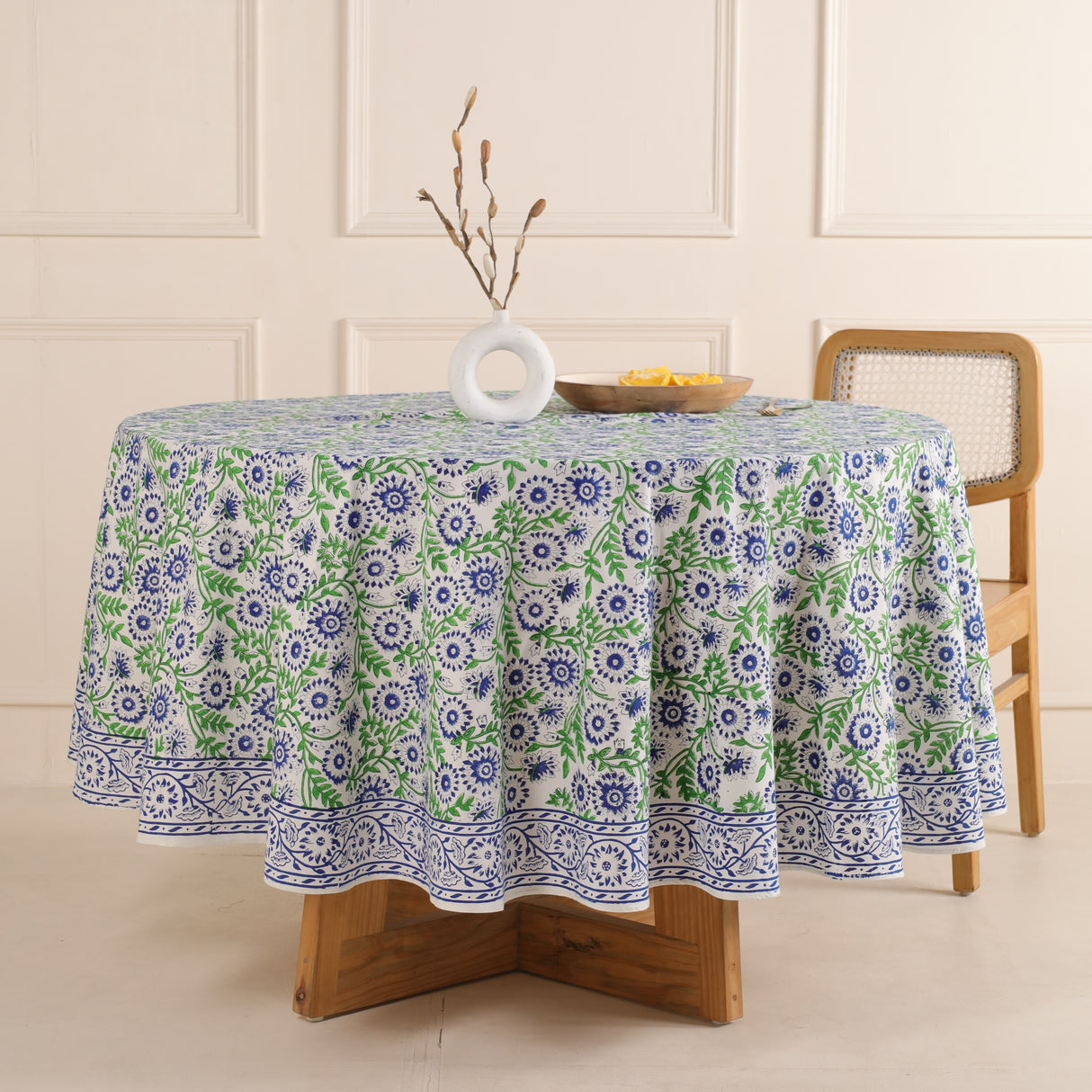 Runde Tischdecke Blockdruck Ranke Blau Grün