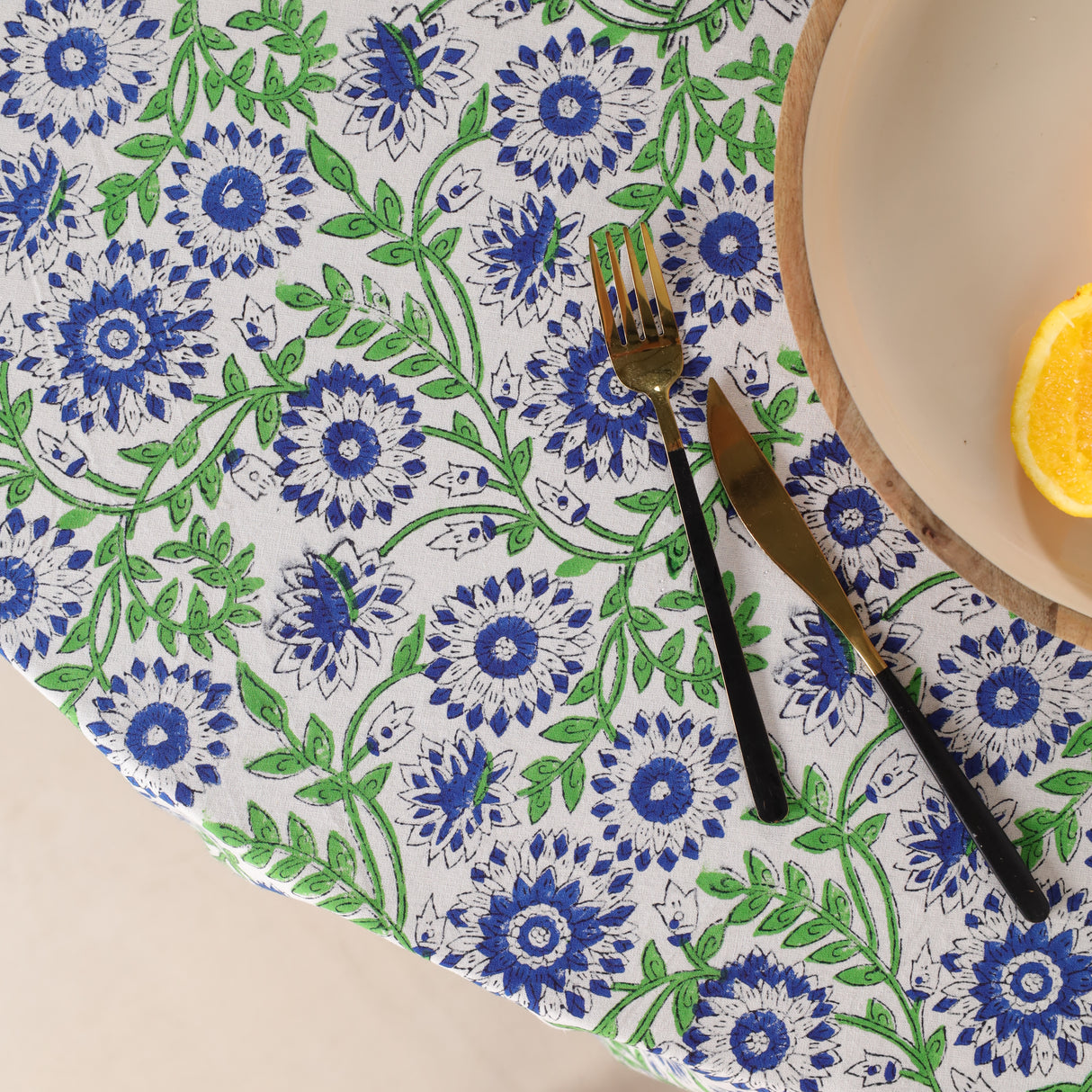 Runde Tischdecke Blockdruck Ranke Blau Grün