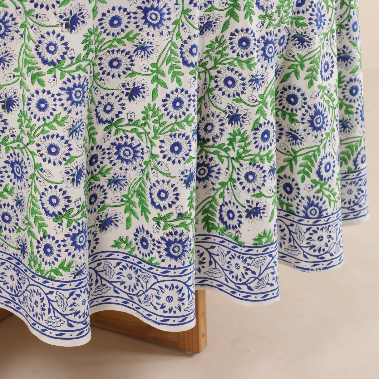 Runde Tischdecke Blockdruck Ranke Blau Grün