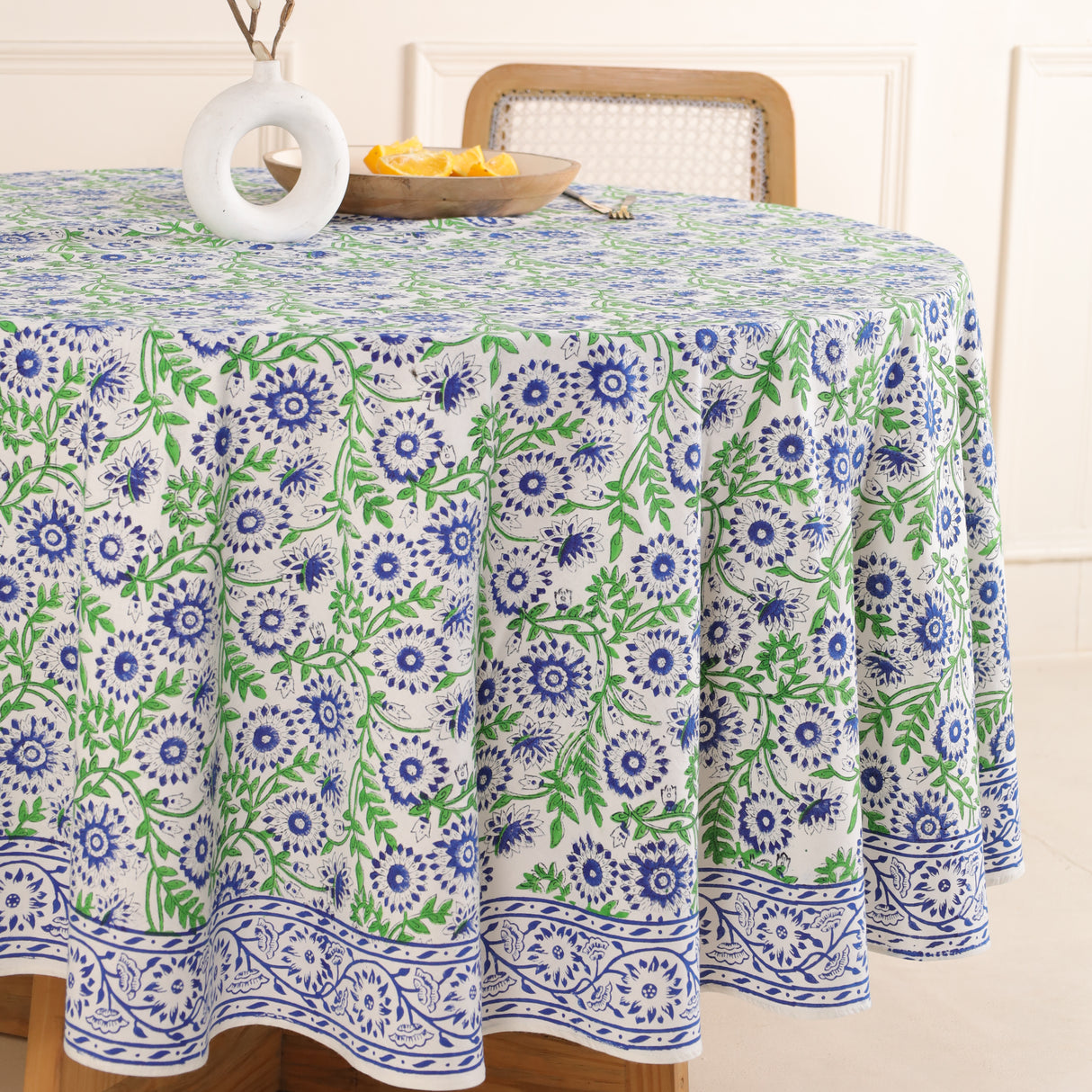Runde Tischdecke Blockdruck Ranke Blau Grün