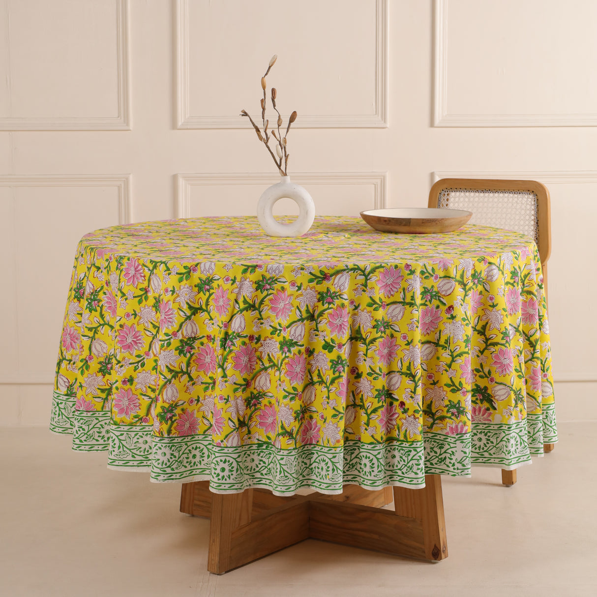 Runde Tischdecke Blockdruck Ranke Gelb