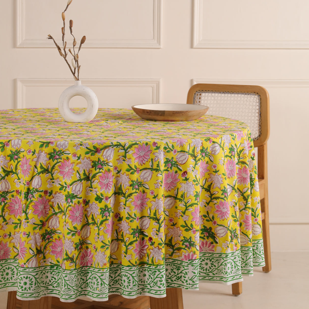 Runde Tischdecke Blockdruck Ranke Gelb