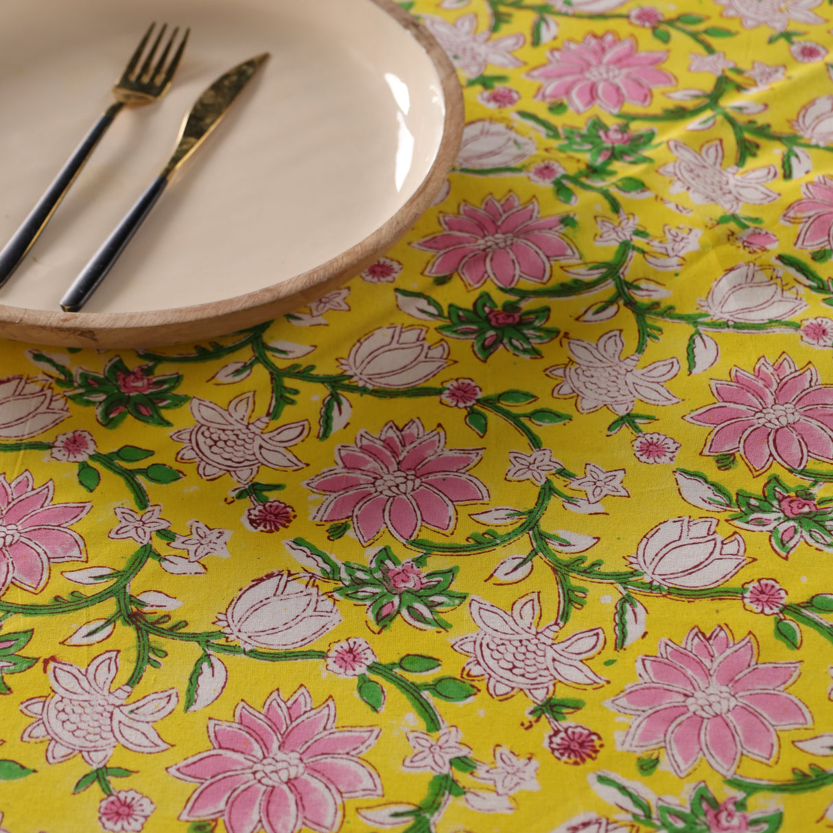 Runde Tischdecke Blockdruck Ranke Gelb