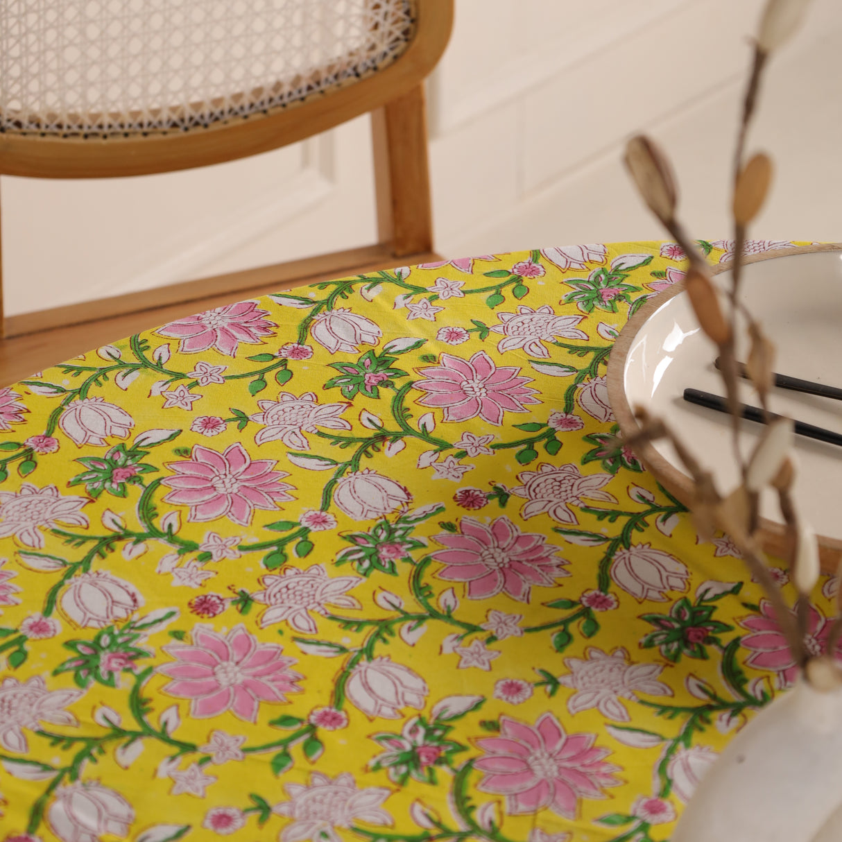 Runde Tischdecke Blockdruck Ranke Gelb