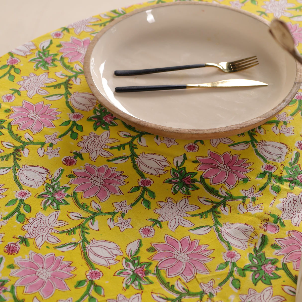 Runde Tischdecke Blockdruck Ranke Gelb