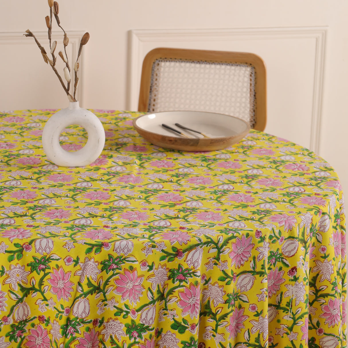 Runde Tischdecke Blockdruck Ranke Gelb