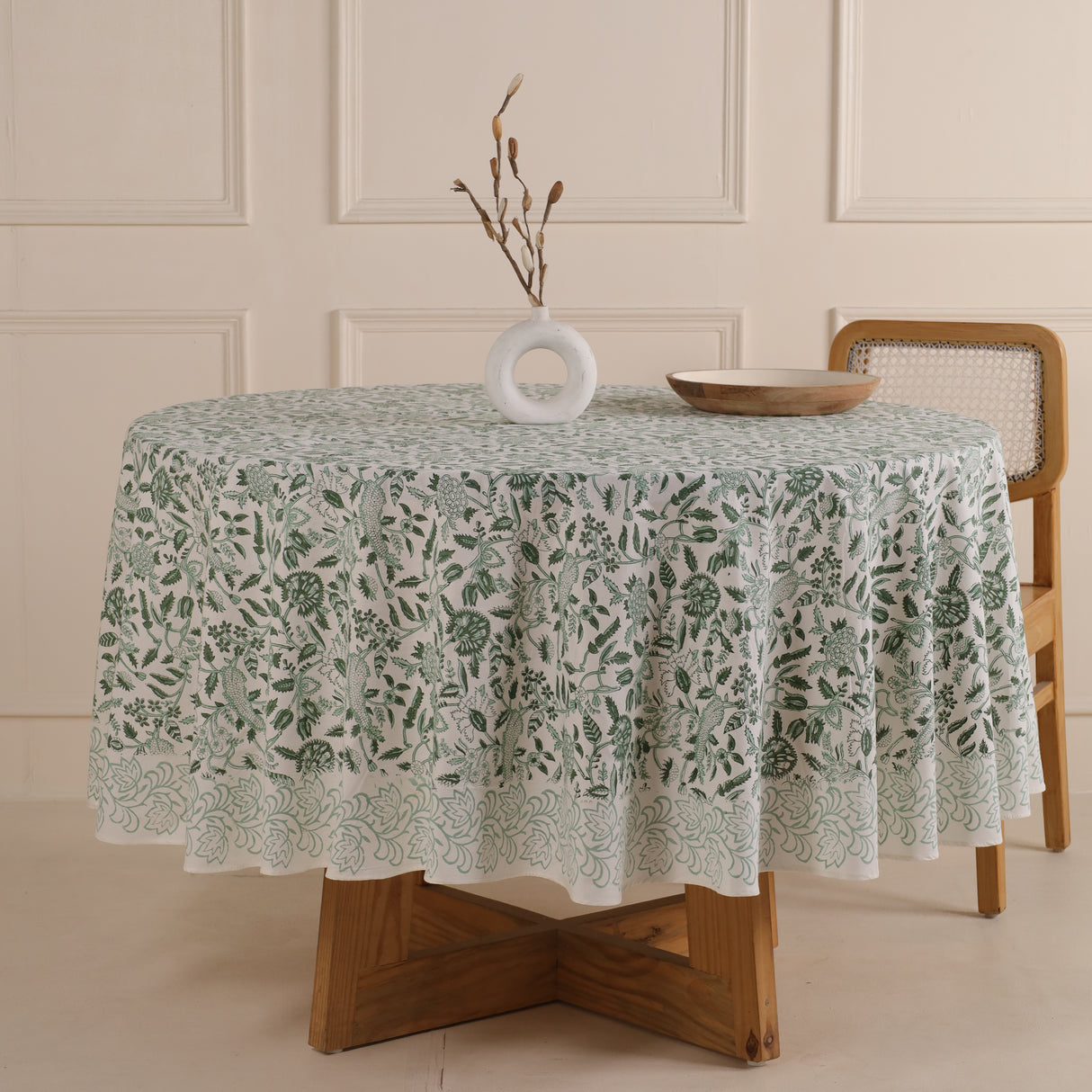 Runde Tischdecke Blockdruck Ranke Grün