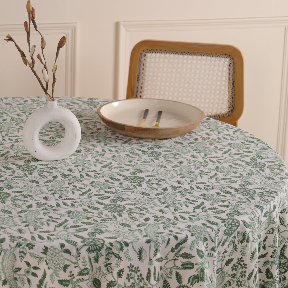 Runde Tischdecke Blockdruck Ranke Grün