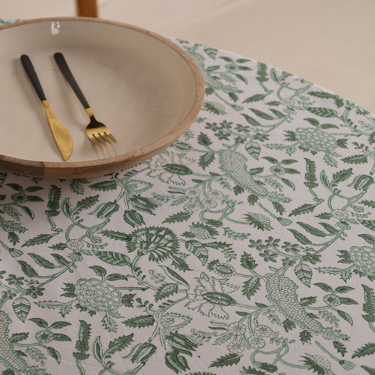 Runde Tischdecke Blockdruck Ranke Grün