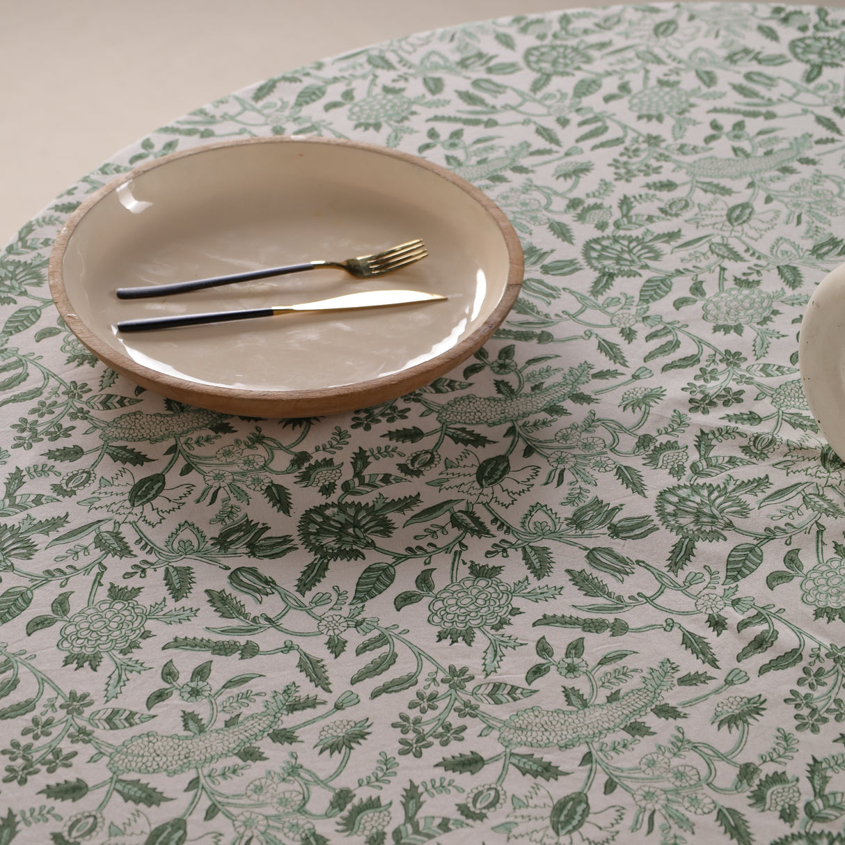 Runde Tischdecke Blockdruck Ranke Grün