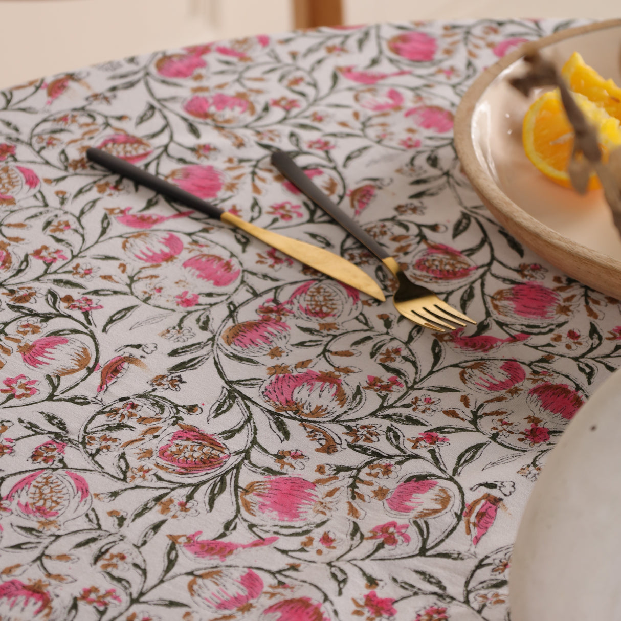 Runde Tischdecke Blockdruck Ranke Grün Rosa