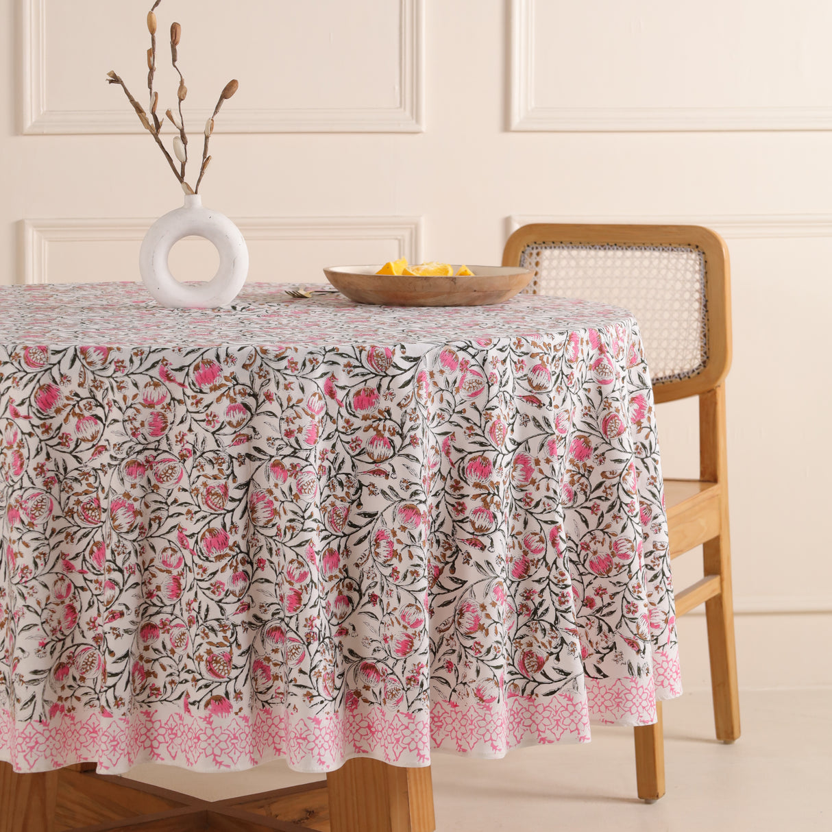 Runde Tischdecke Blockdruck Ranke Grün Rosa