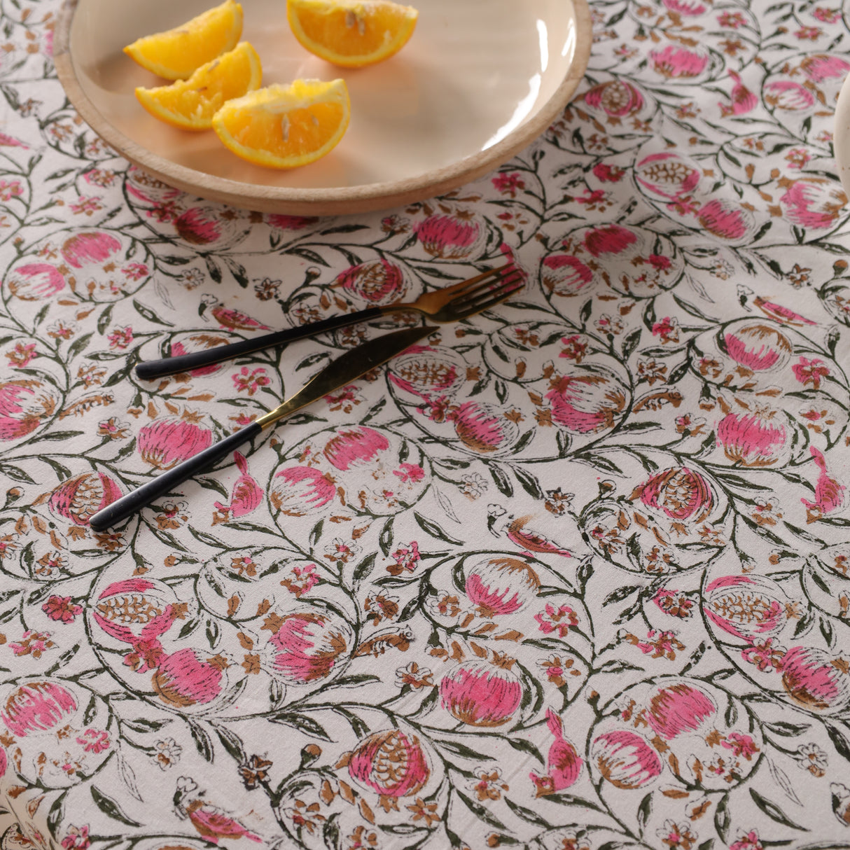 Runde Tischdecke Blockdruck Ranke Grün Rosa